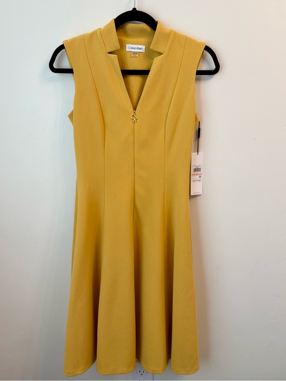 Calvin Klein Sleeveless Zip Front Fit & Flare Dress NWT Ochre Yellow